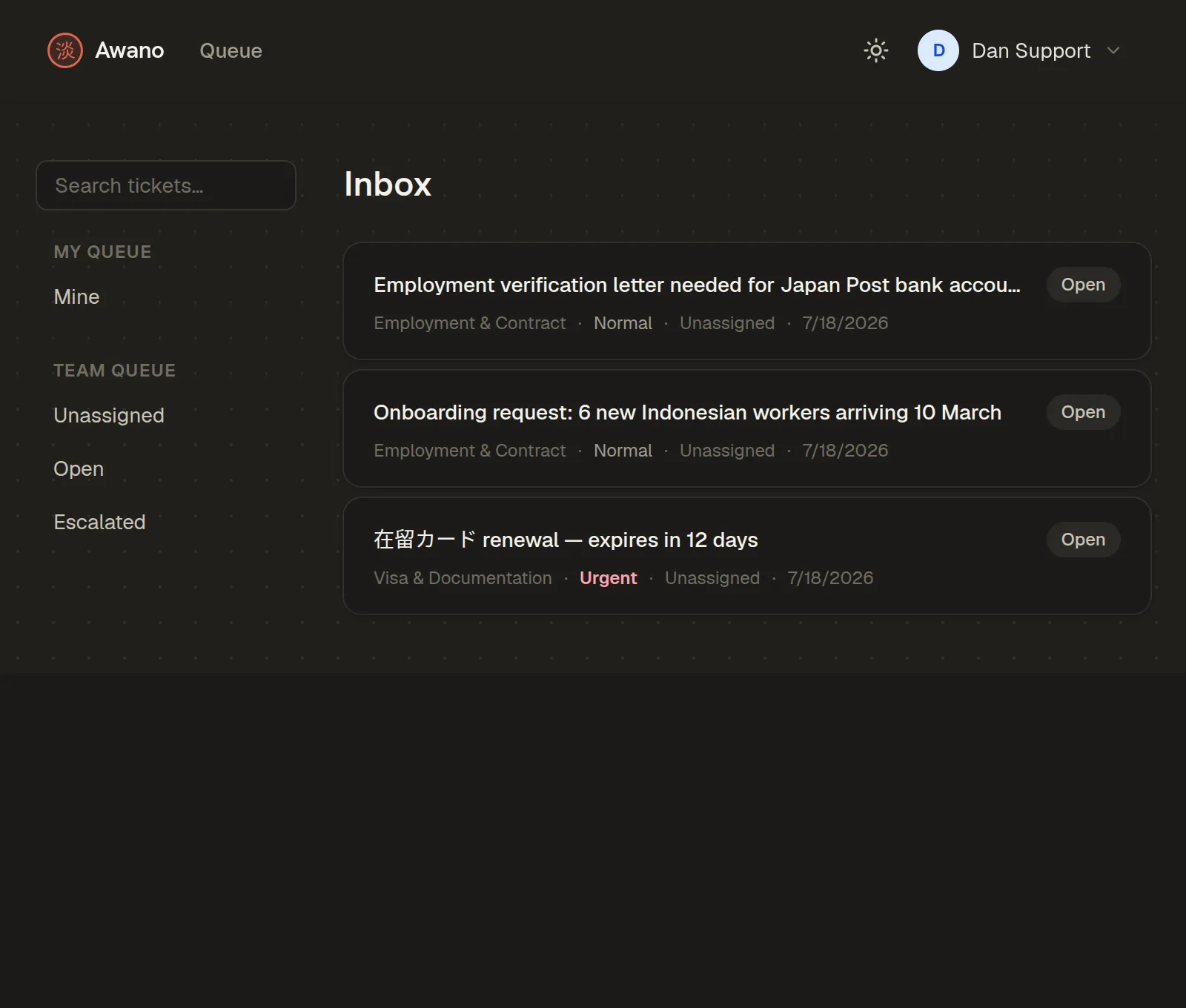 Awano's ticket inbox: a queue sidebar beside three open tickets, each showing its category, priority, assignee and date.
