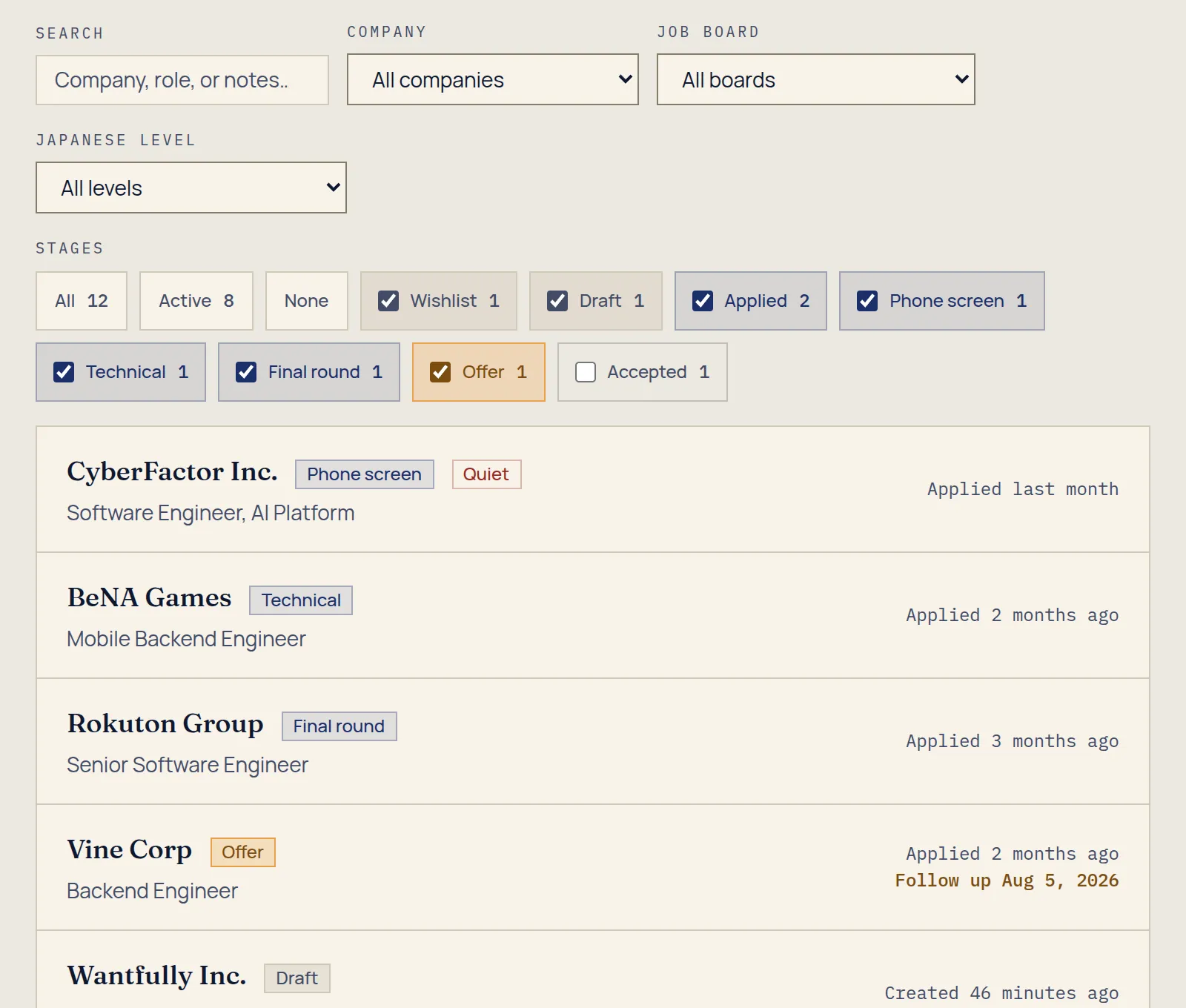 KarirKalyan's application list, filtered by stage: each row shows a company, a role, its stage, and how long ago it was applied to.