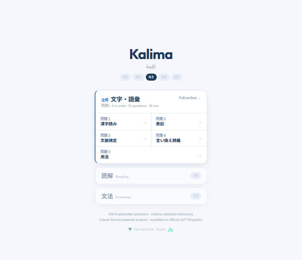 Kalima's home screen: an N3 level selector above the five JLPT vocabulary question types in Japanese.